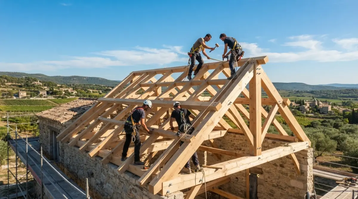 Charpentiers montant une charpente bois en Ariège