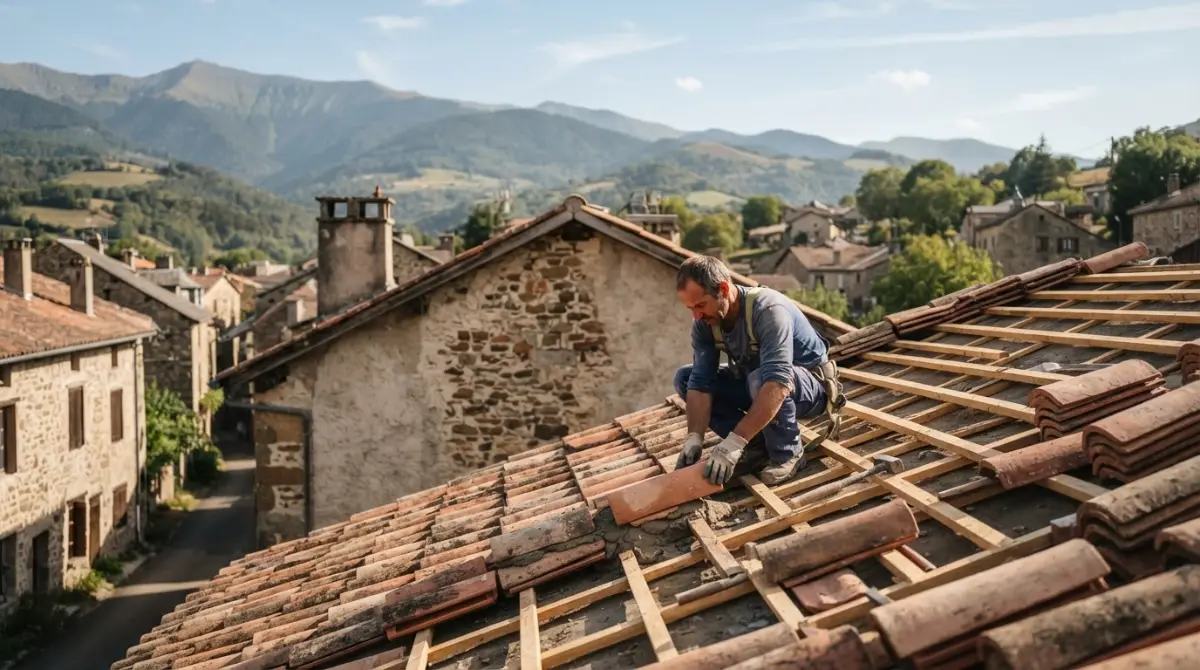 Couvreur posant une toiture en tuiles canal près de Mirepoix