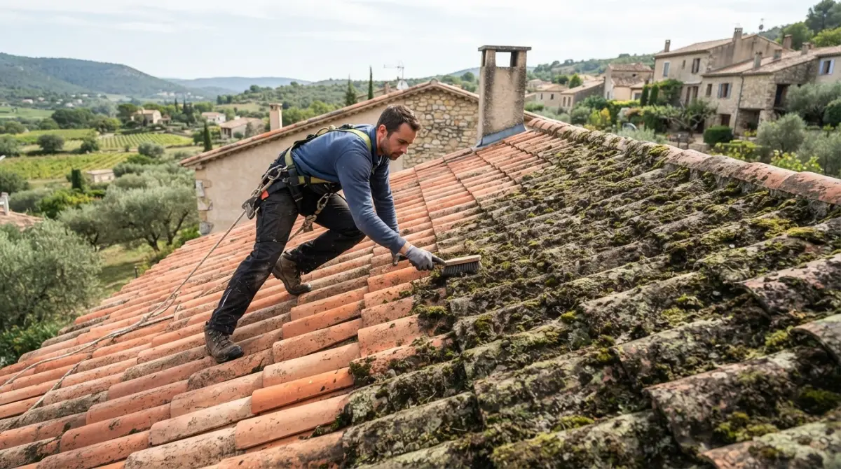 Démoussage d'une toiture en tuiles à Mirepoix