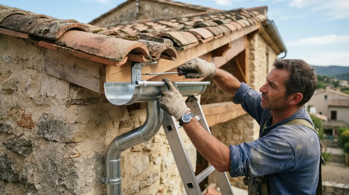 Pose d'une gouttière en zinc sur une maison en pierre à Mirepoix